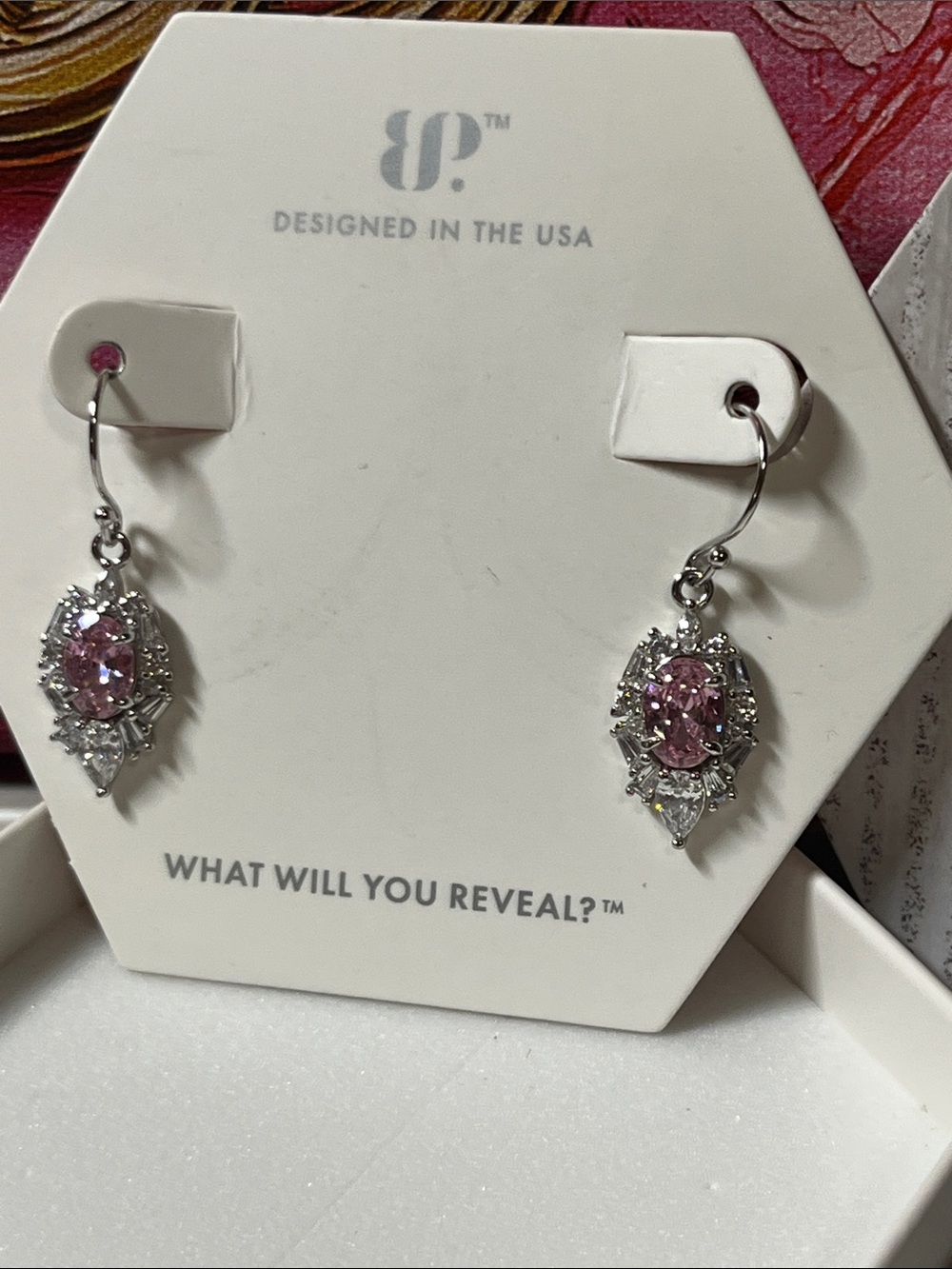 Sterling Silver -Drop Earrings with Pink Stones